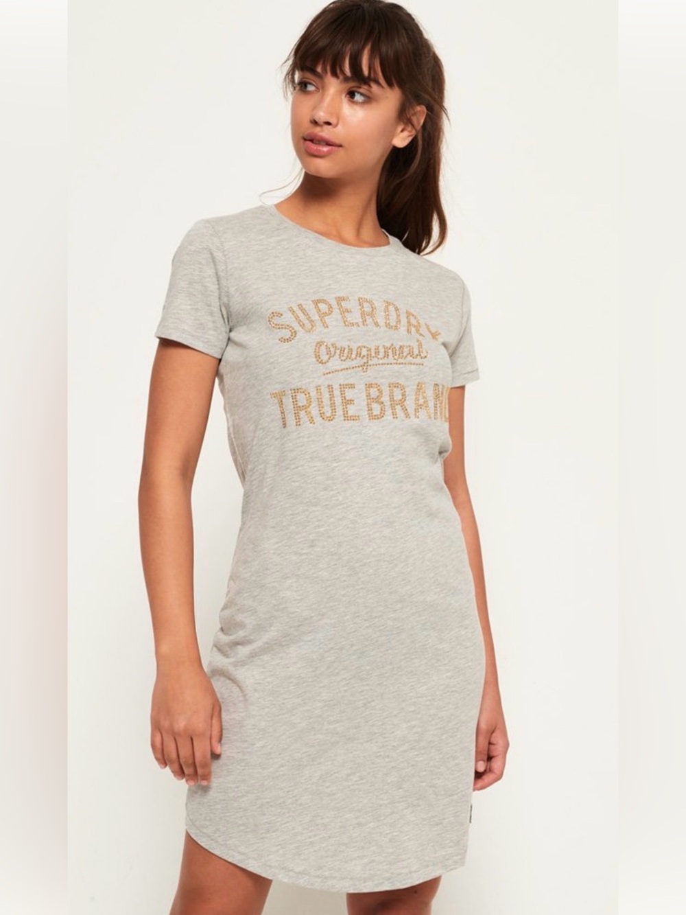 Superdry Heather Gray Tee Dress with Gold Stud Logo